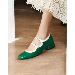 Retro Green Patent Leather Mary Jane Shoes – Women's Vintage Double-Strap Low Block Heels for Casual and Cosplay Wear