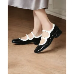 Retro Green Patent Leather Mary Jane Shoes – Women's Vintage Double-Strap Low Block Heels for Casual and Cosplay Wear