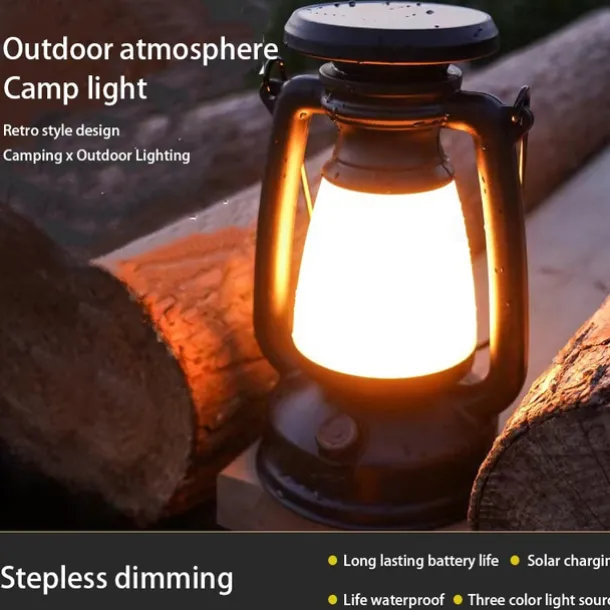 Retro Horse Lantern 3-Color LED Light Stepless Dimming Hanging Solar Rechargeable Outdoor Camping Light