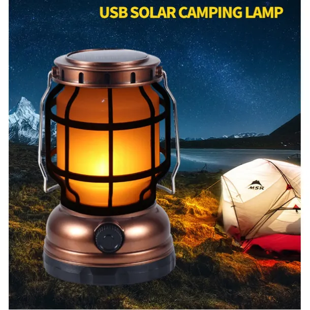 Retro Solar Camping Lights Portable Lantern Dimming Rechargeable LED Hanging Lights Power Bank Travel Tents Camp Supplies