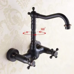 Retro Style Utility Sink Black Laundry Faucet, Wall Mount High Arc Two Handles Two Holes Wash Basin Tap with Hot and Cold Water Hoses, Laundry Tub Pot Filler Commercial Faucet