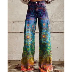 Retro Vintage Boho 1970s Pants Wide Legged Pants Hippie Disco High Waist Floral Faux Jeans Style Fancy Dress Women's Halloween Carnival Music Festival Pride Parade Retro Theme Party Adults Pants