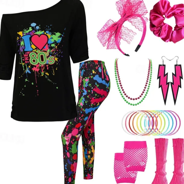 Retro Vintage Disco 1980s Outfits Accessories Off Shoulder T-Shirt I Love the 80's Fancy Dress Women's Halloween Carnival Masquerade Party / Evening Pride Parade Pride Month Adults' Costume