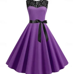 Retro Vintage Hepburn Cocktail Dress Knee Length Dress Flare Dress Normal Sleeveless Jacquard Lace A-Line Round Neck Fancy Dress Women's Carnival New Year Masquerade Casual Dress Adults' Dress All