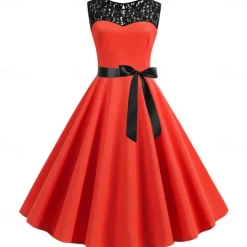 Retro Vintage Hepburn Cocktail Dress Knee Length Dress Flare Dress Normal Sleeveless Jacquard Lace A-Line Round Neck Fancy Dress Women's Carnival New Year Masquerade Casual Dress Adults' Dress All