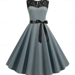 Retro Vintage Hepburn Cocktail Dress Knee Length Dress Flare Dress Normal Sleeveless Jacquard Lace A-Line Round Neck Fancy Dress Women's Carnival New Year Masquerade Casual Dress Adults' Dress All