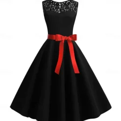 Retro Vintage Hepburn Cocktail Dress Knee Length Dress Flare Dress Normal Sleeveless Jacquard Lace A-Line Round Neck Fancy Dress Women's Carnival New Year Masquerade Casual Dress Adults' Dress All