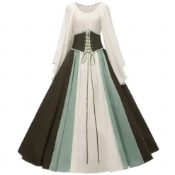 Retro Vintage Medieval Renaissance Dress Chemise OverDress Lady Viking Elven Color Block Fancy Dress Women's Celtic Fantasy Carnival Masquerade Party Casual Daily Adults' Dress