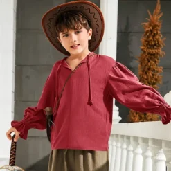 Retro Vintage Medieval Renaissance Shirt Pirate Viking Lace up Solid Color Fancy Dress Boys' Pirate Halloween Carnival Children's Day Vacation Casual Daily LARP Kid's Shirt Spring & Summer