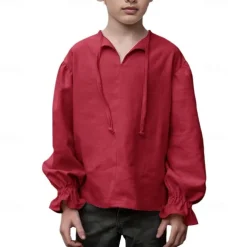 Retro Vintage Medieval Renaissance Shirt Pirate Viking Lace up Solid Color Fancy Dress Boys' Pirate Halloween Carnival Children's Day Vacation Casual Daily LARP Kid's Shirt Spring & Summer