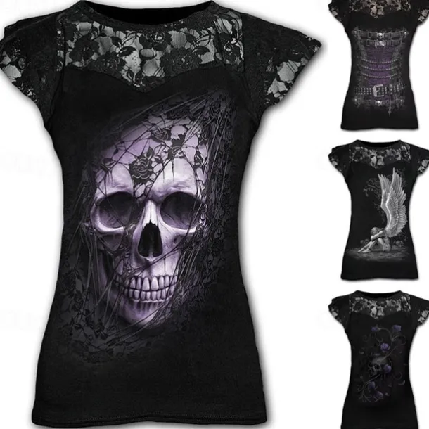 Retro Vintage Punk & Gothic T-shirt Halloween Costumes Skeleton Skull Lace Fancy Dress Women's Masquerade Party / Evening Adults' T-shirt
