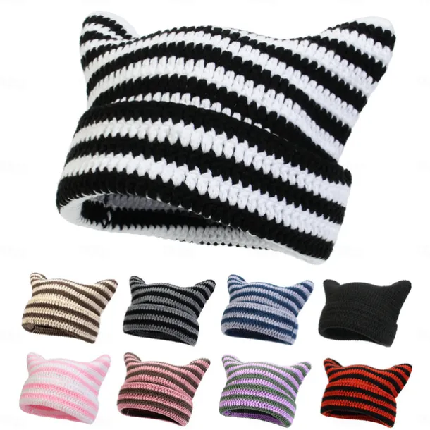 Retro Vintage Punk & Gothic Y2K Hat Striped Beanie Normal Cat Little Devil Horn Stripes Fancy Dress Men's Women's Halloween Carnival Masquerade Event / Party Festival Teen Adults' Hat Fall & Winter