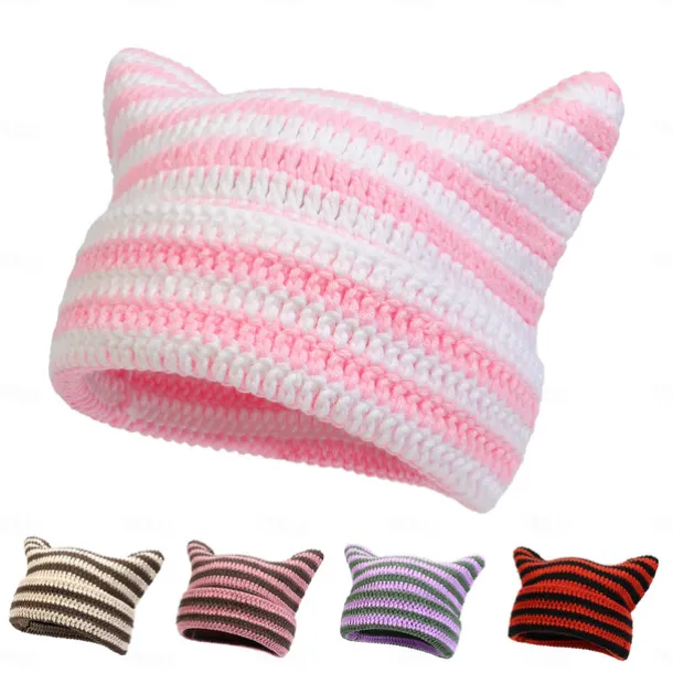 Retro Vintage Punk & Gothic Y2K Hat Striped Beanie Normal Cat Little Devil Horn Stripes Fancy Dress Men's Women's Halloween Carnival Masquerade Event / Party Festival Teen Adults' Hat Fall & Winter