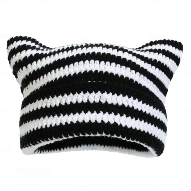 Retro Vintage Punk & Gothic Y2K Hat Striped Beanie Normal Cat Little Devil Horn Stripes Fancy Dress Men's Women's Halloween Carnival Masquerade Event / Party Festival Teen Adults' Hat Fall & Winter