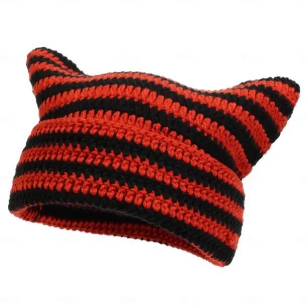 Retro Vintage Punk & Gothic Y2K Hat Striped Beanie Normal Cat Little Devil Horn Stripes Fancy Dress Men's Women's Halloween Carnival Masquerade Event / Party Festival Teen Adults' Hat Fall & Winter