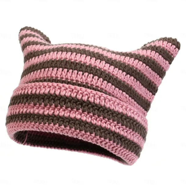 Retro Vintage Punk & Gothic Y2K Hat Striped Beanie Normal Cat Little Devil Horn Stripes Fancy Dress Men's Women's Halloween Carnival Masquerade Event / Party Festival Teen Adults' Hat Fall & Winter