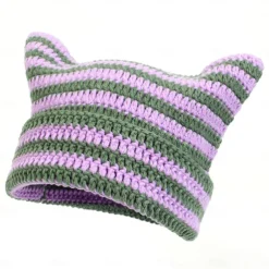 Retro Vintage Punk & Gothic Y2K Hat Striped Beanie Normal Cat Little Devil Horn Stripes Fancy Dress Men's Women's Halloween Carnival Masquerade Event / Party Festival Teen Adults' Hat Fall & Winter