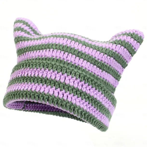 Retro Vintage Punk & Gothic Y2K Hat Striped Beanie Normal Cat Little Devil Horn Stripes Fancy Dress Men's Women's Halloween Carnival Masquerade Event / Party Festival Teen Adults' Hat Fall & Winter