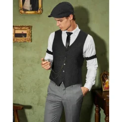 Retro Vintage Roaring 20s 1920s Outfits Waistcoat Accessories Set Gentleman Gangster Fancy Dress Men's Carnival Costume 8 PCS Christmas Halloween Carnival Masquerade Cocktail Party Theme Party Adults'