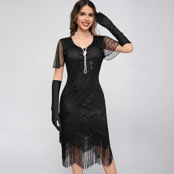 Retro Vintage Roaring 20s 1920s Midi Flapper Dress The Great Gatsby Flapper Girl Sequins Fringe Sheath / Column Fancy Dress Women's Christmas Halloween Carnival Wedding Evening Party Masquerade Adults