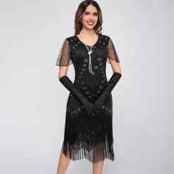Retro Vintage Roaring 20s 1920s Midi Flapper Dress The Great Gatsby Flapper Girl Sequins Fringe Sheath / Column Fancy Dress Women's Christmas Halloween Carnival Wedding Evening Party Masquerade Adults