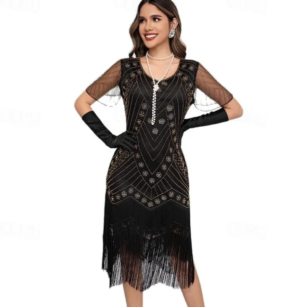 Retro Vintage Roaring 20s 1920s Midi Flapper Dress The Great Gatsby Flapper Girl Sequins Fringe Sheath / Column Fancy Dress Women's Christmas Halloween Carnival Wedding Evening Party Masquerade Adults