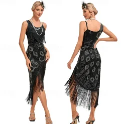 Retro Vintage Roaring 20s 1920s Flapper Dress Dress Masquerade The Great Gatsby Wedding Guest Sequins Tassel Fringe Fancy Dress Women's Masquerade Wedding Wedding Guest Party / Evening Adults' Dress