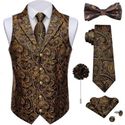 Retro Vintage Roaring 20s 1920s Outfits Waistcoat Accessories Set Gentleman Gangster Paisley Jacquard Fancy Dress Men's Carnival Costume 7 PCS Christmas Halloween Carnival Masquerade Cocktail Party