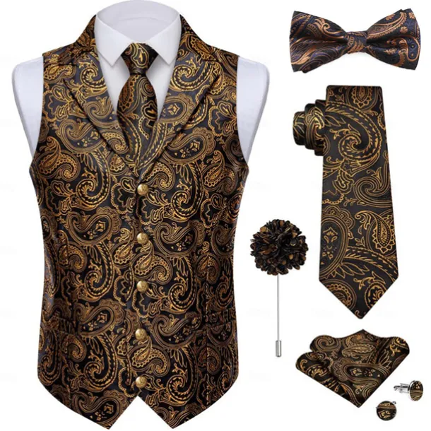 Retro Vintage Roaring 20s 1920s Outfits Waistcoat Accessories Set Gentleman Gangster Paisley Jacquard Fancy Dress Men's Carnival Costume 7 PCS Christmas Halloween Carnival Masquerade Cocktail Party