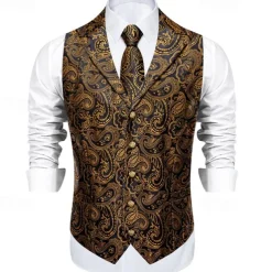 Retro Vintage Roaring 20s 1920s Outfits Waistcoat Accessories Set Gentleman Gangster Paisley Jacquard Fancy Dress Men's Carnival Costume 7 PCS Christmas Halloween Carnival Masquerade Cocktail Party