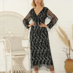 Retro Vintage Roaring 20s 1920s Flapper Dress Dress Wedding Guest Sequins Embroidered Solid Color V Neck Fancy Dress Women's New Year Event / Party Prom Wedding Reception Adults' Dress Homecoming