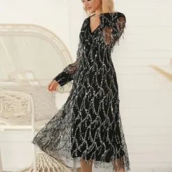 Retro Vintage Roaring 20s 1920s Flapper Dress Dress Wedding Guest Sequins Embroidered Solid Color V Neck Fancy Dress Women's New Year Event / Party Prom Wedding Reception Adults' Dress Homecoming