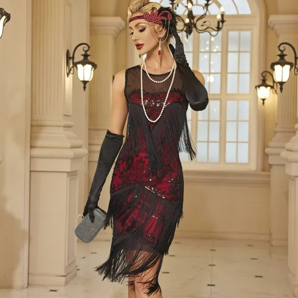 Retro Vintage Roaring 20s 1920s Dress Masquerade Christmas Party Dress Wedding Guest Sequins Tassel Fringe Fancy Dress Women's Halloween Carnival Masquerade Wedding Wedding Guest Party / Evening