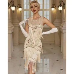 Retro Vintage Roaring 20s 1920s Dress Masquerade Christmas Party Dress Wedding Guest Sequins Tassel Fringe Fancy Dress Women's Halloween Carnival Masquerade Wedding Wedding Guest Party / Evening