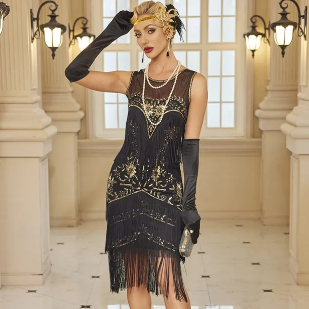 Retro Vintage Roaring 20s 1920s Dress Masquerade Christmas Party Dress Wedding Guest Sequins Tassel Fringe Fancy Dress Women's Halloween Carnival Masquerade Wedding Wedding Guest Party / Evening