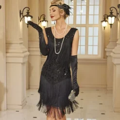 Retro Vintage Roaring 20s 1920s Dress Masquerade Christmas Party Dress Wedding Guest Sequins Tassel Fringe Fancy Dress Women's Halloween Carnival Masquerade Wedding Wedding Guest Party / Evening