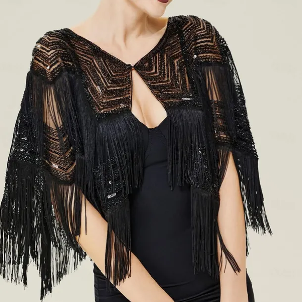 Retro Vintage Roaring 20s 1920s Scarf Wrap Shawls The Great Gatsby Flapper Girl Sequins Tassel Fringe Fancy Dress Women's Carnival Wedding Evening Party Masquerade Adults' Shawl