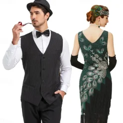 Retro Vintage Roaring 20s 1920s Flapper Dress Outfits Waistcoat The Great Gatsby Gentleman Wedding Guest Sequins Tassel Fringe Fancy Dress Men's Women's New Year Masquerade Party Prom Wedding