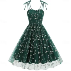 Retro Vintage 1950s Cocktail Dress Dress Flare Dress Embroidered Grid / Plaid Flower / Floral Fancy Dress Women's Masquerade Event / Party Bachelorette Party Festival Adults' Dress Homecoming Dresses