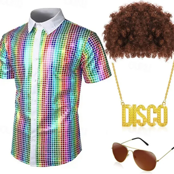 Retro Vintage 1970s Disco Cosplay Costume Outfits Cosplay Fancy Dress Men's Carnival Masquerade Party / Evening Pride Parade Pride Month Adults' Blouse Glasses Neckwear Spring & Summer
