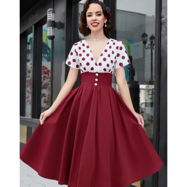 Retro Vintage 1950s Grease Outfits Rockabilly Midi Dress Swing Dress Flare Dress High Waist Polka dots A-Line Deep V Fancy Dress Women's Carnival New Year Tea Party Casual Daily Retro Adults' Dress