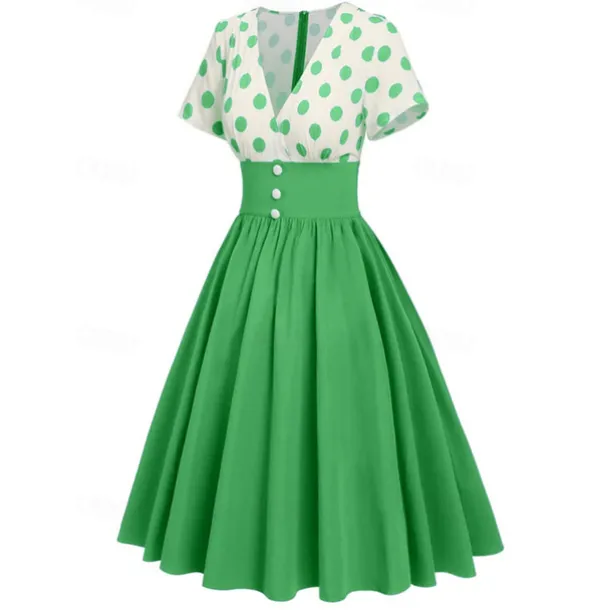 Retro Vintage 1950s Grease Outfits Rockabilly Midi Dress Swing Dress Flare Dress High Waist Polka dots A-Line Deep V Fancy Dress Women's Carnival New Year Tea Party Casual Daily Retro Adults' Dress