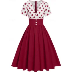 Retro Vintage 1950s Grease Outfits Rockabilly Midi Dress Swing Dress Flare Dress High Waist Polka dots A-Line Deep V Fancy Dress Women's Carnival New Year Tea Party Casual Daily Retro Adults' Dress