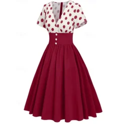 Retro Vintage 1950s Grease Outfits Rockabilly Midi Dress Swing Dress Flare Dress High Waist Polka dots A-Line Deep V Fancy Dress Women's Carnival New Year Tea Party Casual Daily Retro Adults' Dress