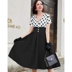 Retro Vintage 1950s Grease Outfits Rockabilly Midi Dress Swing Dress Flare Dress High Waist Polka dots A-Line Deep V Fancy Dress Women's Carnival New Year Tea Party Casual Daily Retro Adults' Dress