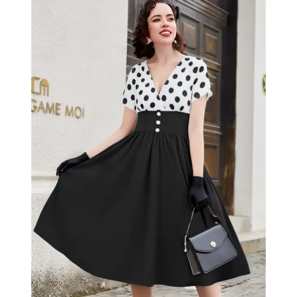 Retro Vintage 1950s Grease Outfits Rockabilly Midi Dress Swing Dress Flare Dress High Waist Polka dots A-Line Deep V Fancy Dress Women's Carnival New Year Tea Party Casual Daily Retro Adults' Dress