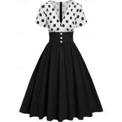 Retro Vintage 1950s Grease Outfits Rockabilly Midi Dress Swing Dress Flare Dress High Waist Polka dots A-Line Deep V Fancy Dress Women's Carnival New Year Tea Party Casual Daily Retro Adults' Dress