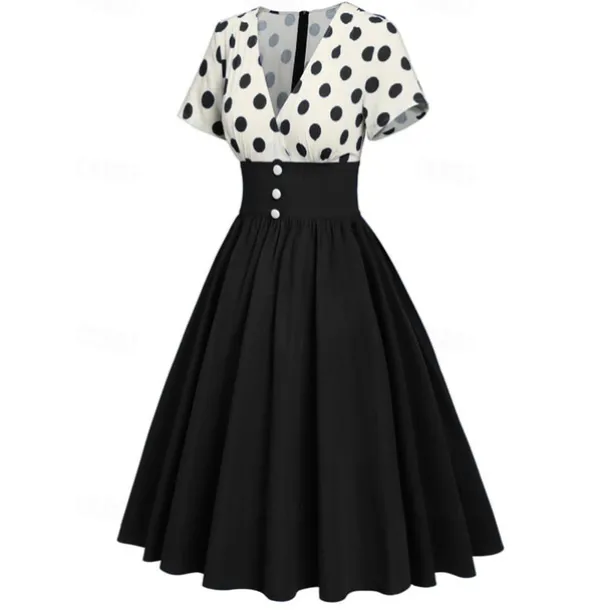Retro Vintage 1950s Grease Outfits Rockabilly Midi Dress Swing Dress Flare Dress High Waist Polka dots A-Line Deep V Fancy Dress Women's Carnival New Year Tea Party Casual Daily Retro Adults' Dress