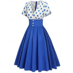 Retro Vintage 1950s Grease Outfits Rockabilly Midi Dress Swing Dress Flare Dress High Waist Polka dots A-Line Deep V Fancy Dress Women's Carnival New Year Tea Party Casual Daily Retro Adults' Dress