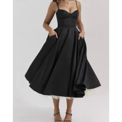 Retro Vintage 1950s Midi Dress Flare Dress Spaghetti Strap Corset Solid Color A-Line Fancy Dress Women's Masquerade Wedding Vacation Tea Party Adults' Dress